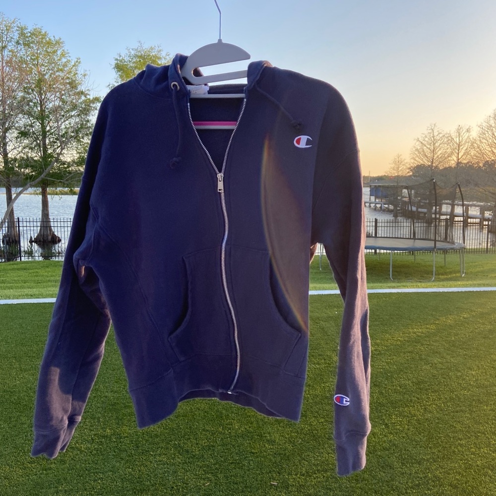 Champion zip up hoodie. Navy blue- size small.